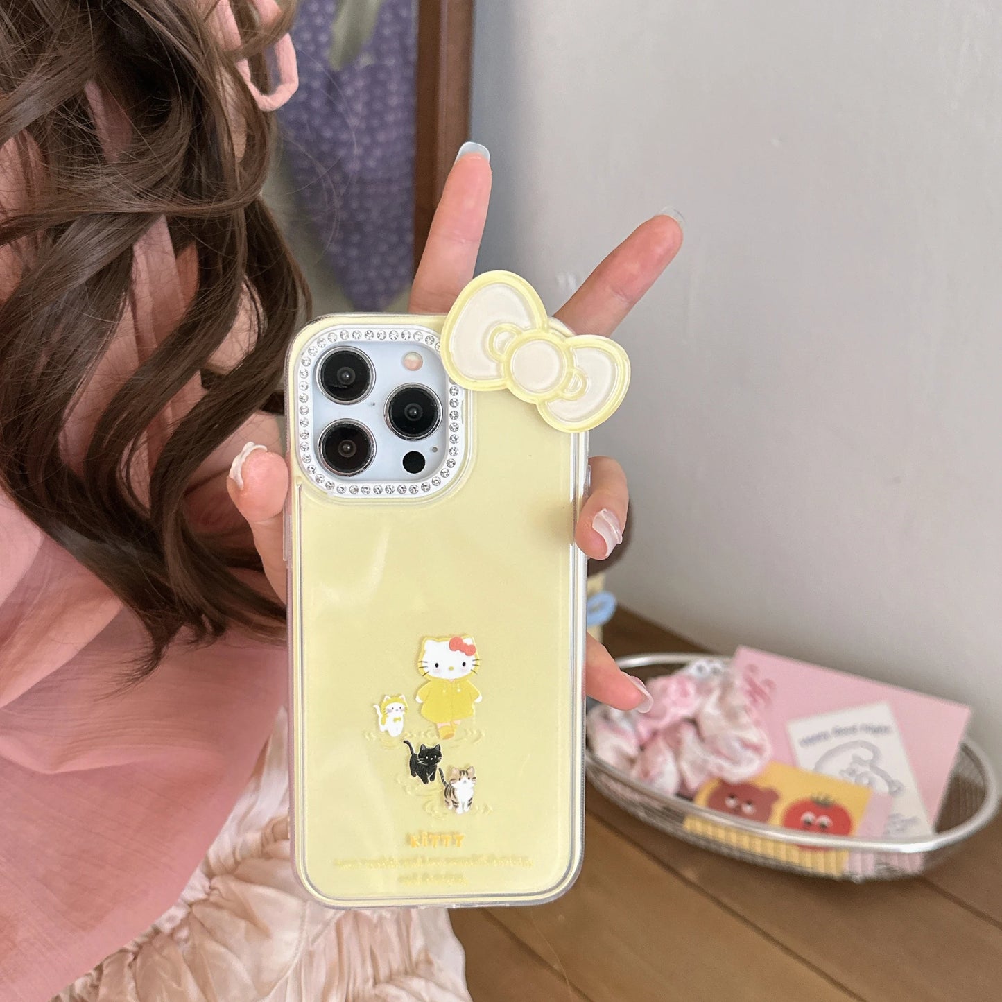 Cute Cartoon Pink And Yellow Raincoat Kitty Phone Case
