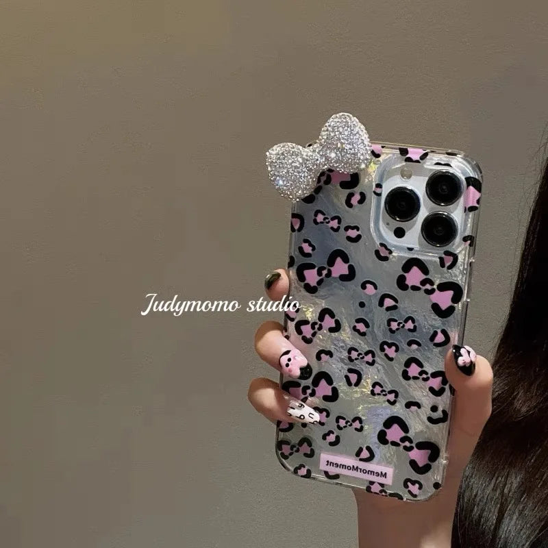Colorful Leopard Blink Diamond Bowknot Lustre Lining Phone Case