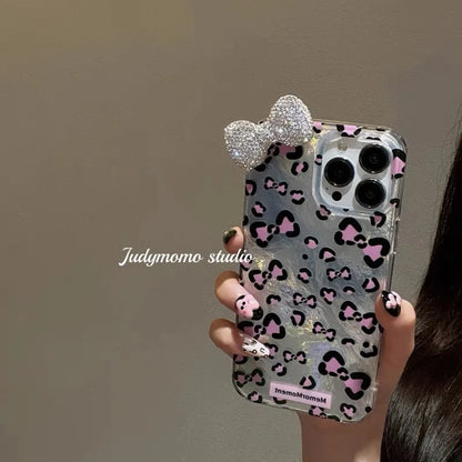 Colorful Leopard Blink Diamond Bowknot Lustre Lining Phone Case