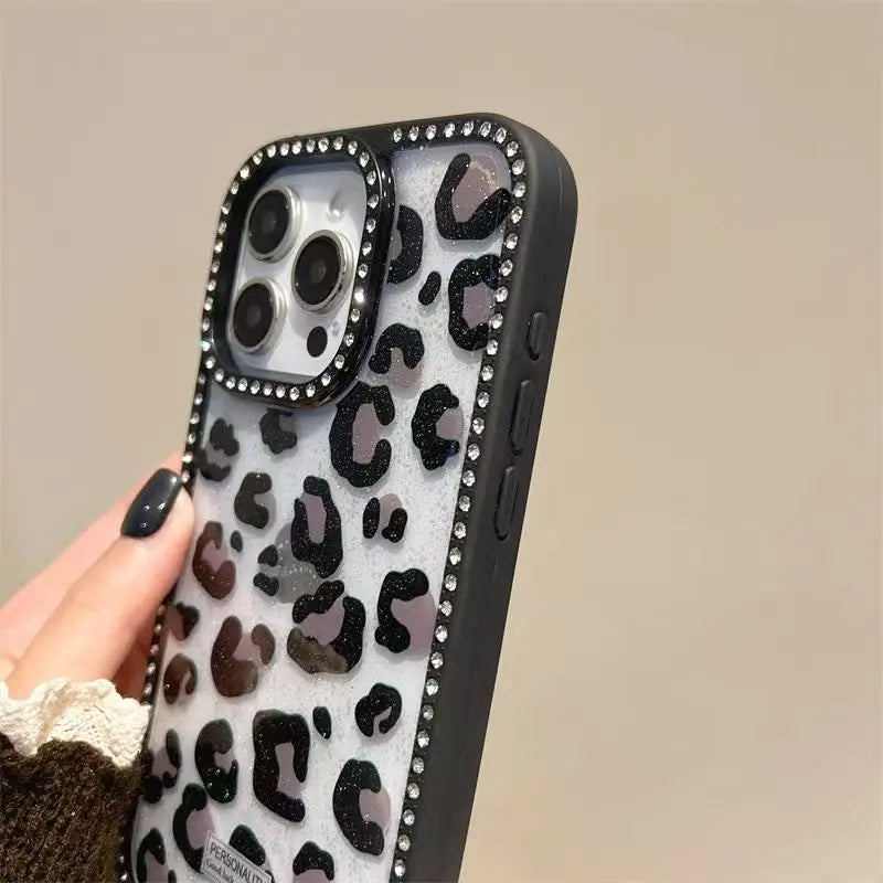 Luxury Leopard Print Design Diamond Border Phone Case