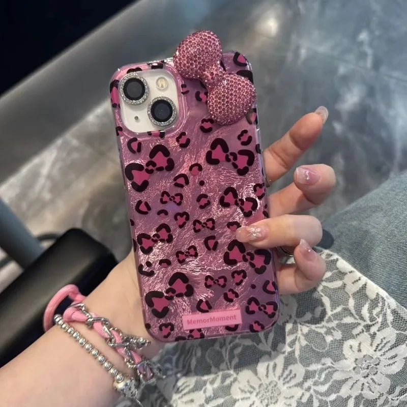 Colorful Leopard Blink Diamond Bowknot Lustre Lining Phone Case
