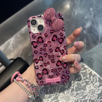 Colorful Leopard Blink Diamond Bowknot Lustre Lining Phone Case