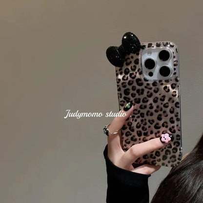 Colorful Leopard Blink Diamond Bowknot Lustre Lining Phone Case