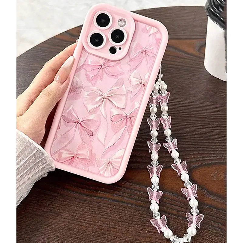 Pink Bow Pattern Silicone Phone Case Butterfly Charm Cover