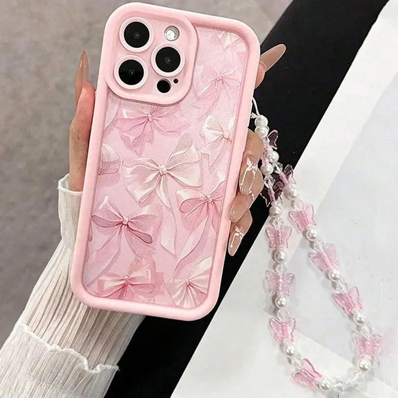 Pink Bow Pattern Silicone Phone Case Butterfly Charm Cover
