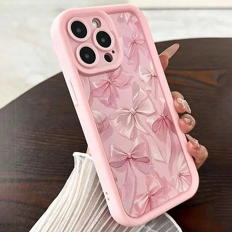 Pink Bow Pattern Silicone Phone Case Butterfly Charm Cover