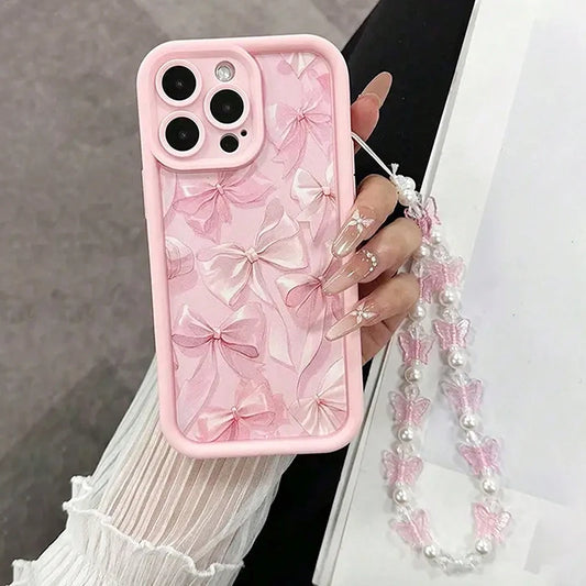 Pink Bow Pattern Silicone Phone Case Butterfly Charm Cover